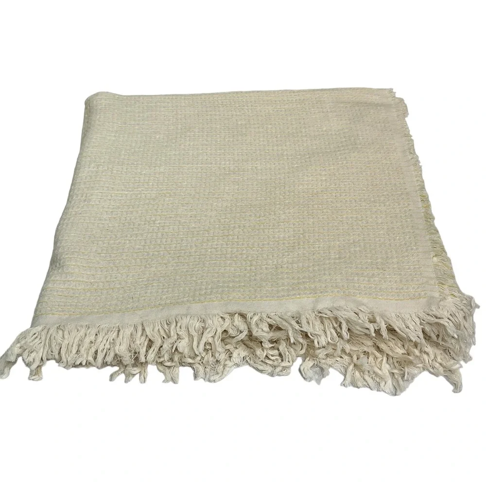 Rachel Ashwell Farmhouse Blanket‎ Throw Yellow Cream Striped Fringe Queen